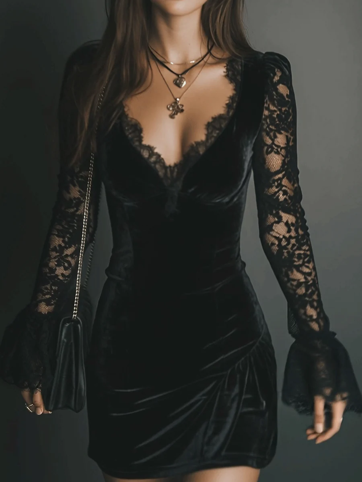 Amara | Velvet Mini Dress with Lace Detail