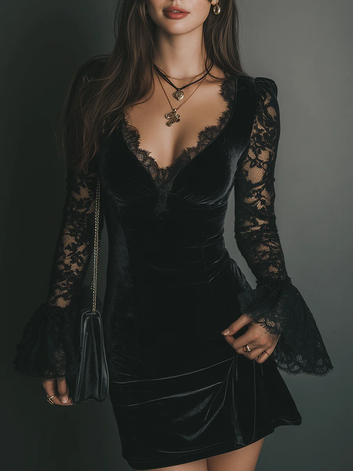Amara | Velvet Mini Dress with Lace Detail