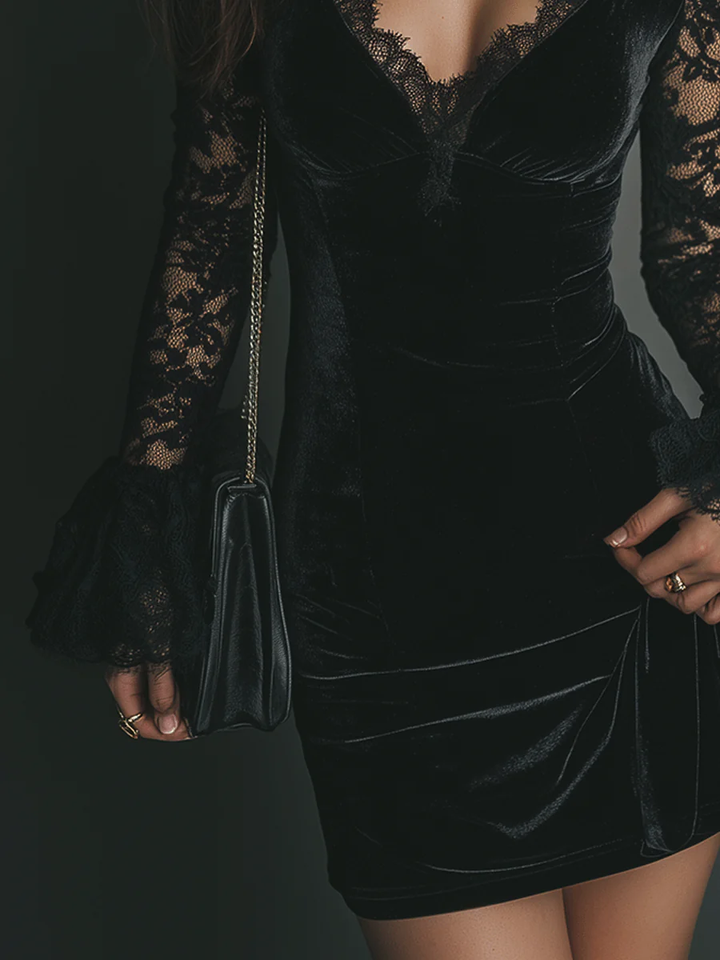 Amara | Velvet Mini Dress with Lace Detail