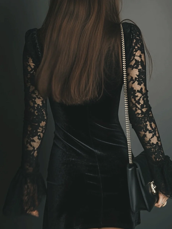 Amara | Velvet Mini Dress with Lace Detail
