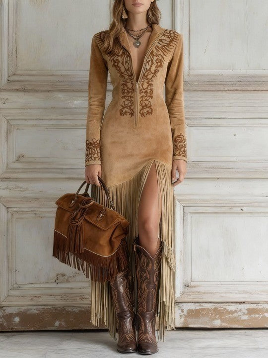 Eloise | Western Fringe Embroidered Maxi Dress